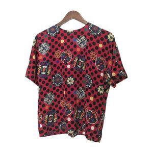 Vintage Red Medallion 80's Easy Care Blouse M Polka Dots Keyhole Back Poly